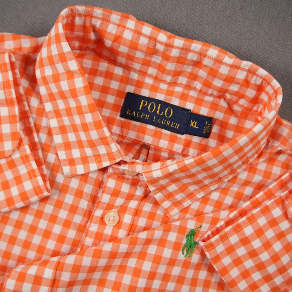 Youth Polo Ralph Lauren Gingham Plaid Long Vacation Costal Orange Shirt XL